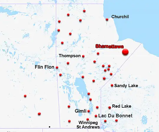 Map showing the location of Shamattawa in Manitoba